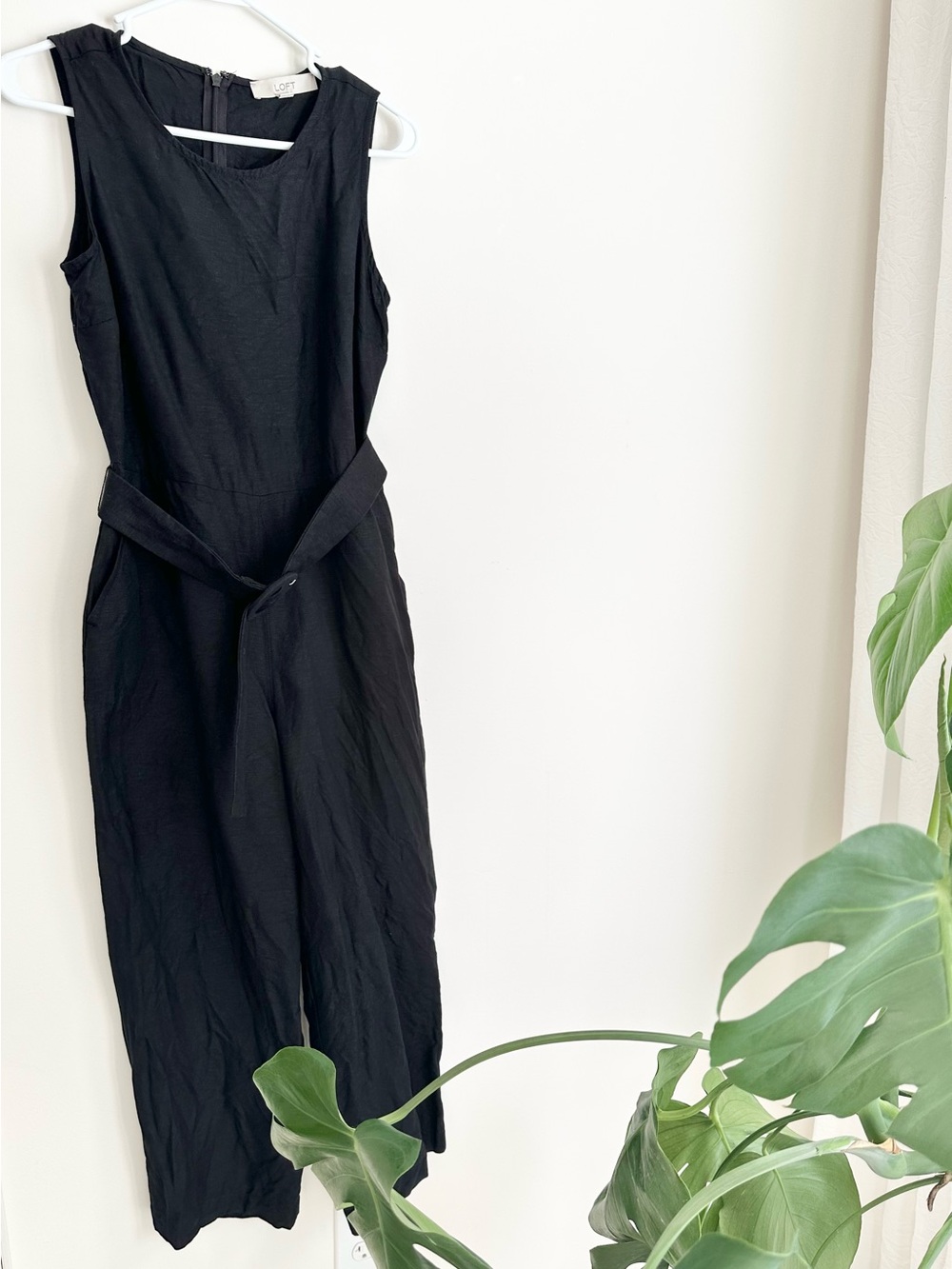 LOFT Black Linen Blend Jumpsuit with Belt